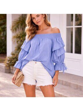 Rebecca Minkoff Off Shoulder Blue Mini Dress XS Boho Cottagecore Ruffle Coastal